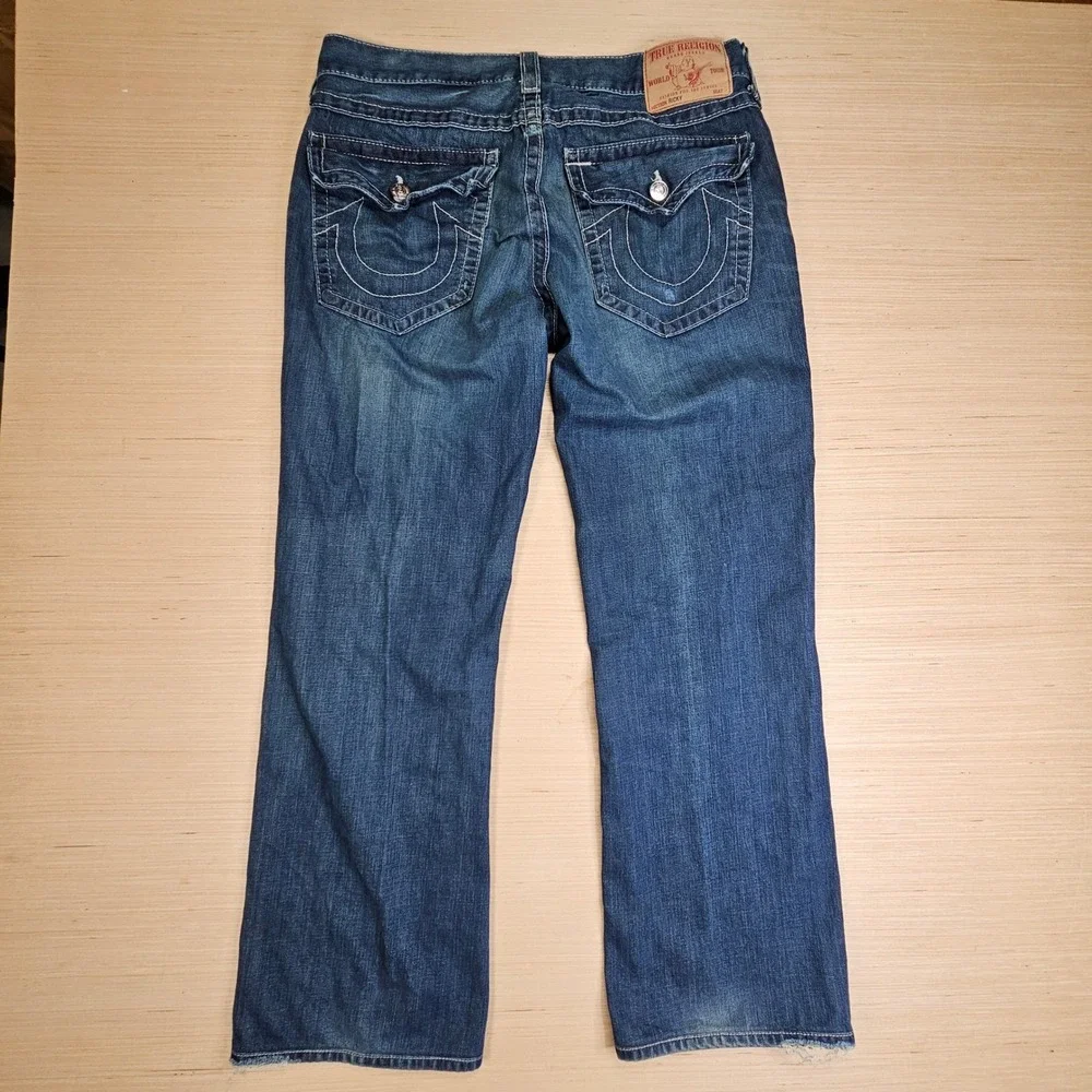 True Religion Ricky Jeans Mens 36x32 Blue Straight Leg Big T Stitch Made In USA